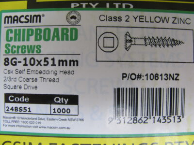 CHIPBOARD YELLOW ZINC SCREWS 8G-10 x 51mm (1000pc)
