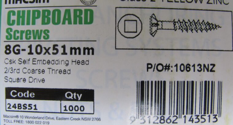 CHIPBOARD YELLOW ZINC SCREWS 8G-10 x 51mm (1000pc)