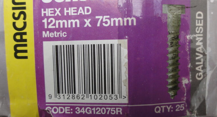 HEX HEAD 12mm x 75mm GALV COACH SCREW(QTY 25pcs)