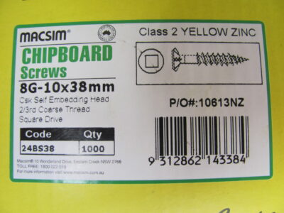 CHIPBOARD YELLOW ZINC SCREWS 8G-10 x 38mm (1000pc)