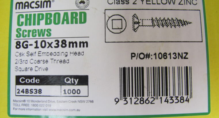 CHIPBOARD YELLOW ZINC SCREWS 8G-10 x 38mm (1000pc)