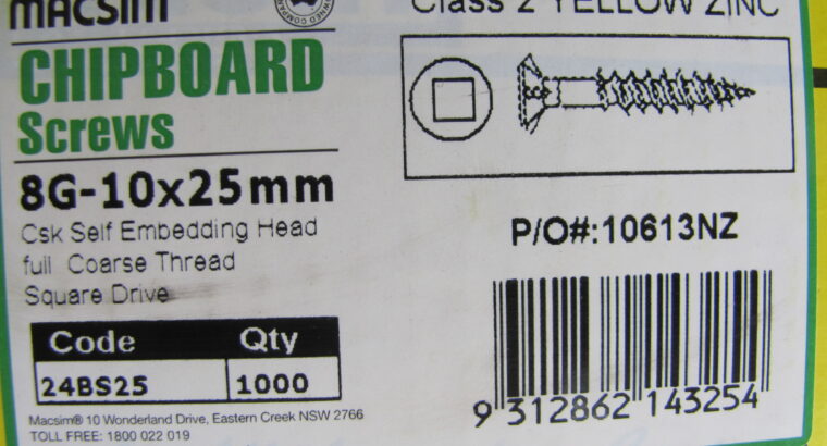 CHIPBOARD YELLOW ZINC SCREWS 8G-10 x 25mm (1000pc)