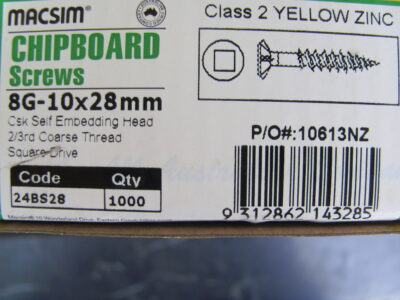 CHIPBOARD YELLOW ZINC SCREWS 8G-10 x 28mm (1000pc)
