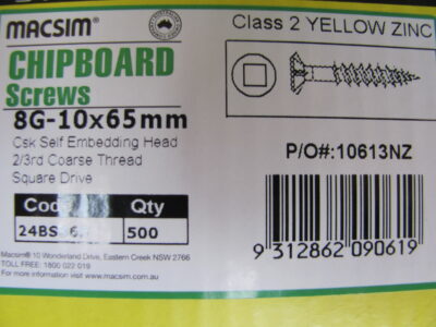 CHIPBOARD YELLOW ZINC SCREWS 8G-10 x 65mm (500pc)