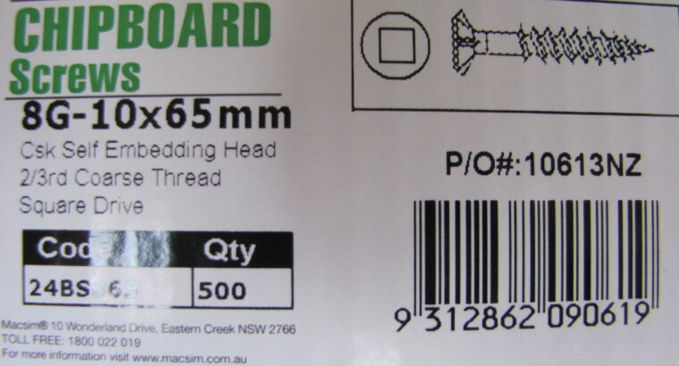 CHIPBOARD YELLOW ZINC SCREWS 8G-10 x 65mm (500pc)