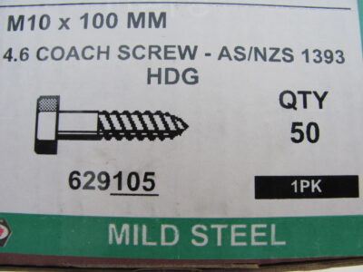 HEX HEAD 10mm x 100mm GALV COACH SCREW(QTY 50pcs)