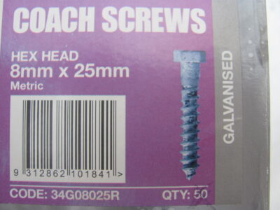 HEX HEAD 8mm x 25mm GALV COACH SCREW(QTY 50pcs)