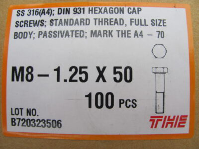 HEX CAP BOLTS M8-1.25x50mm S/S 316(QTY 100pcs)