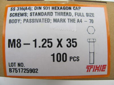HEX CAP BOLTS M8-1.25x35mm S/S 316(QTY 100pcs)