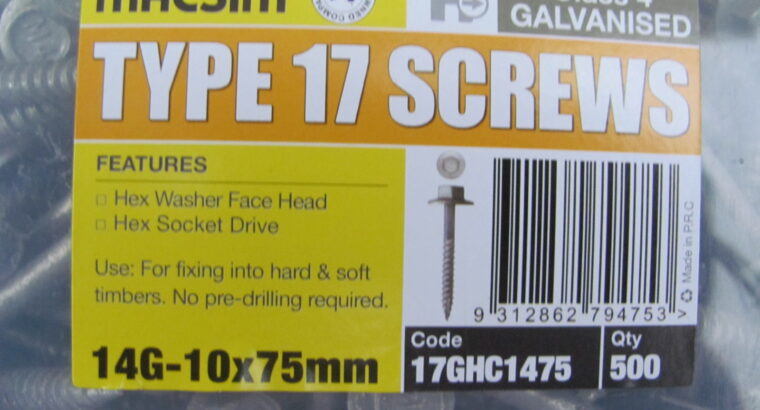 TYPE 17 SCREWS – 14G-10 x 75mm – GALV (500pcs)
