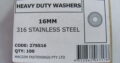M16 ROUND WASHER 316 Stainless Steel (100pcs)