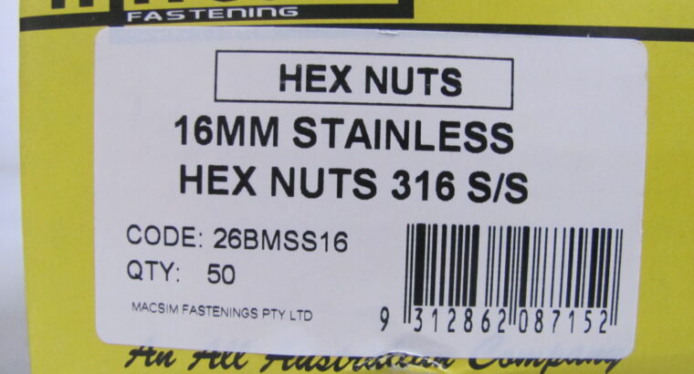 M16 HEX NUTS 316 Stainless Steel (50pcs)