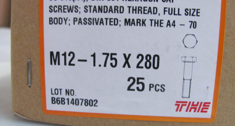 M12 x 280mm 316 Stainless Steel Hex Head Bolt