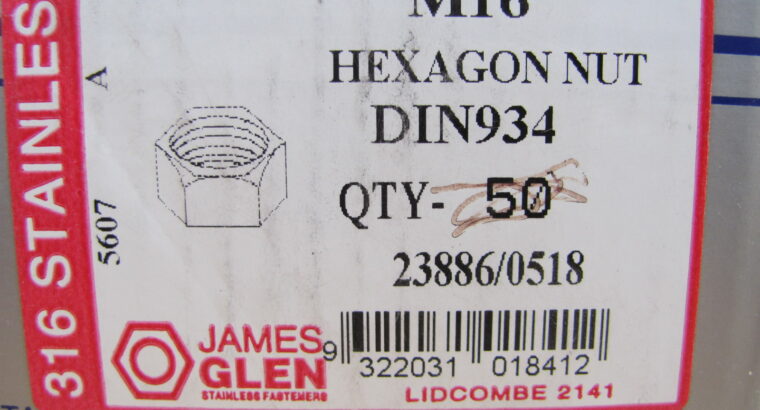 M16 HEX NUTS 316 Stainless Steel (50pcs)