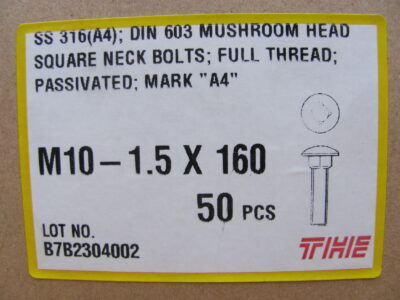 M10 x 160mm 316 Stainless Steel MUSHROOM HEAD