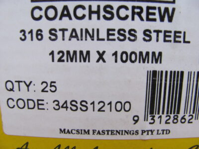 COACH SCREWS 316 Stainless Steel 12mm x 100mm