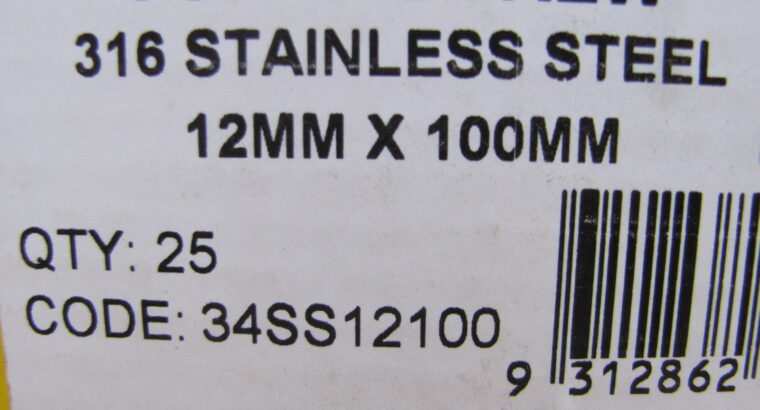 COACH SCREWS 316 Stainless Steel 12mm x 100mm