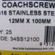 COACH SCREWS 316 Stainless Steel 12mm x 100mm