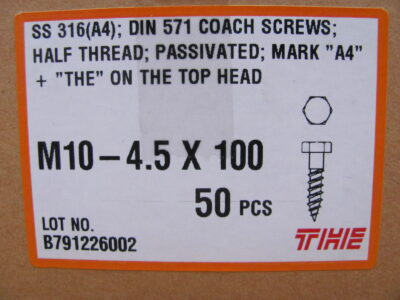 COACH SCREWS 316 Stainless Steel 10mm x 100mm