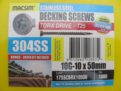 DECKING SCREWS 10G-10 x 50mm 304 S/S (QTY 1000pcs)