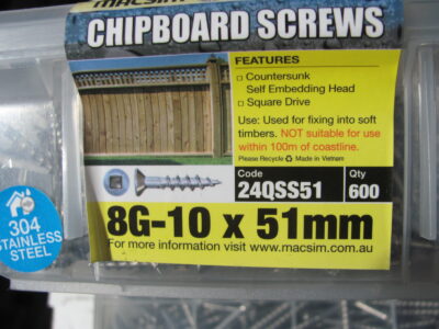 Chipboard Screws 8G-10 x 51mm 304 S/STEEL(600pcs)