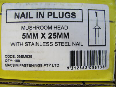 Nylon Nail-In Mushroom Head 304 S/S 5mm x 25mm