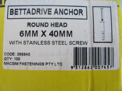 Nylon Nail-In Round Head 304 S/S 6mm x 40mm