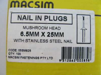 Nylon Nail-In Mushroom Head 304 S/S 6.5mm x 25mm