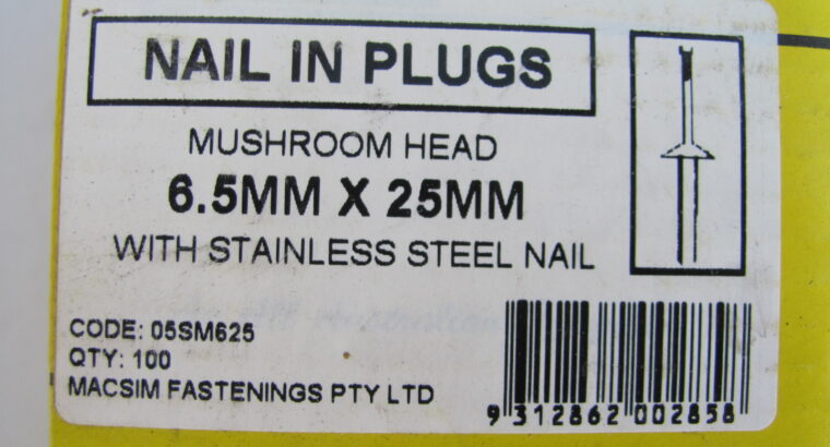 Nylon Nail-In Mushroom Head 304 S/S 6.5mm x 25mm