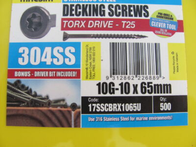 DECKING SCREWS 10G-10 x 65mm 316 S/S (QTY 500pcs)