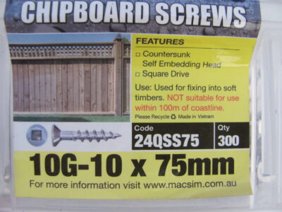 CHIPBOARD SCREWS 10G-10 x 75mm 304 S/S(QTY 300pcs)