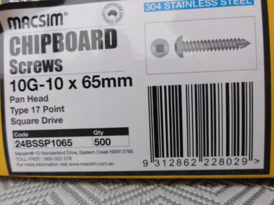 CHIPBOARD s/s 304 SCREWS 10G-10 x 65mm (500pcs)